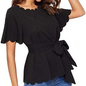 Women's Bow Self Tie Scalloped Short Sleeve